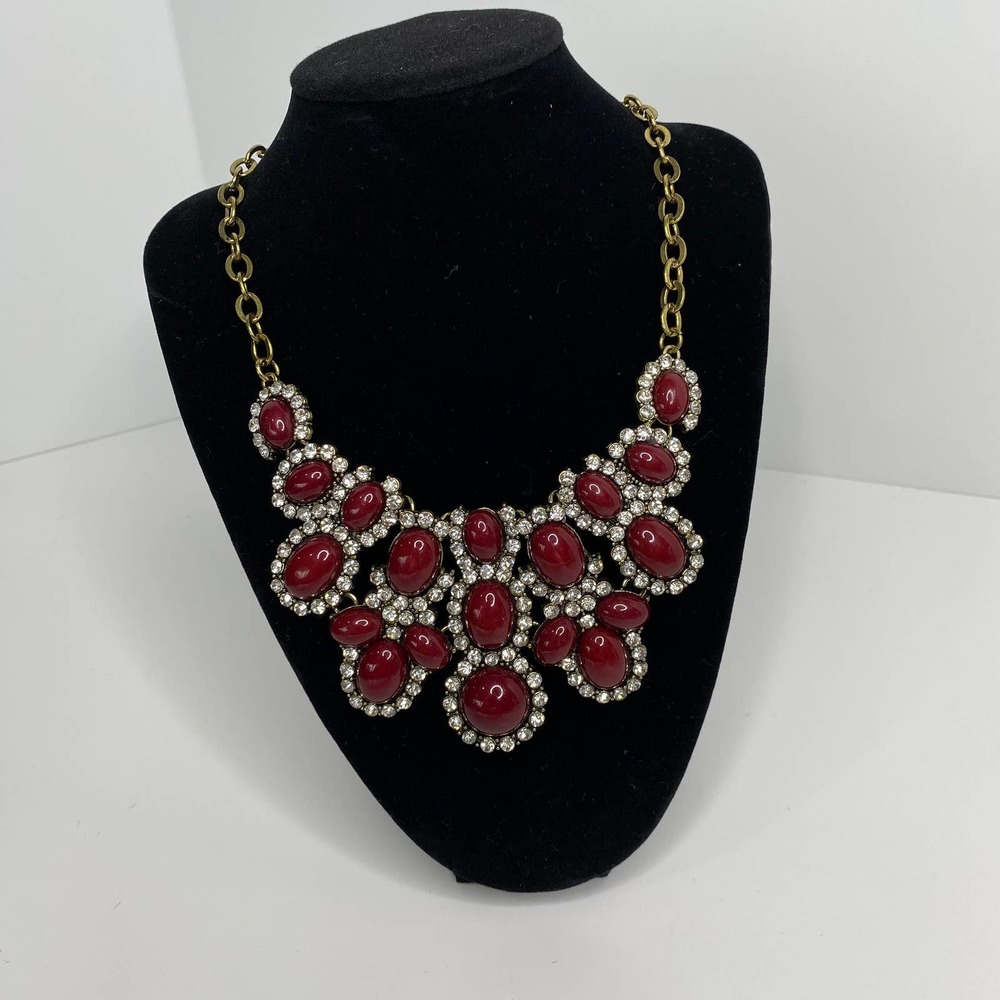 Vintage Deep Red Necklace with Rhinestones and Gold Chain
